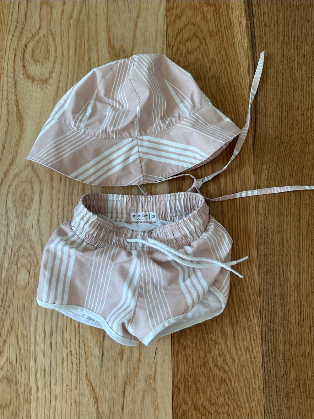 Minnow Kids' tan Striped Swim Trunks and Sun Hat Set